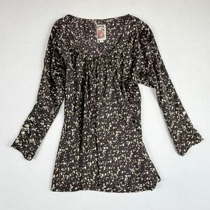 Burning Torch Blouse Womens Small Brown Abstract Silk Whimsigoth Fluid Fairy